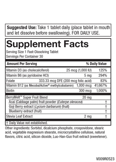 B12 Energy Berry Lemonade Melt Quick-Dissolving Tablets with Super Fruits 30 Count - Purity Products