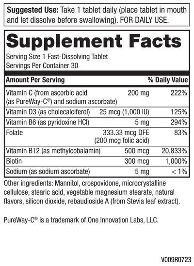 Purity Products Vitamin C + D3 + B12 Energy Melt - 30 Dissolving Tablets